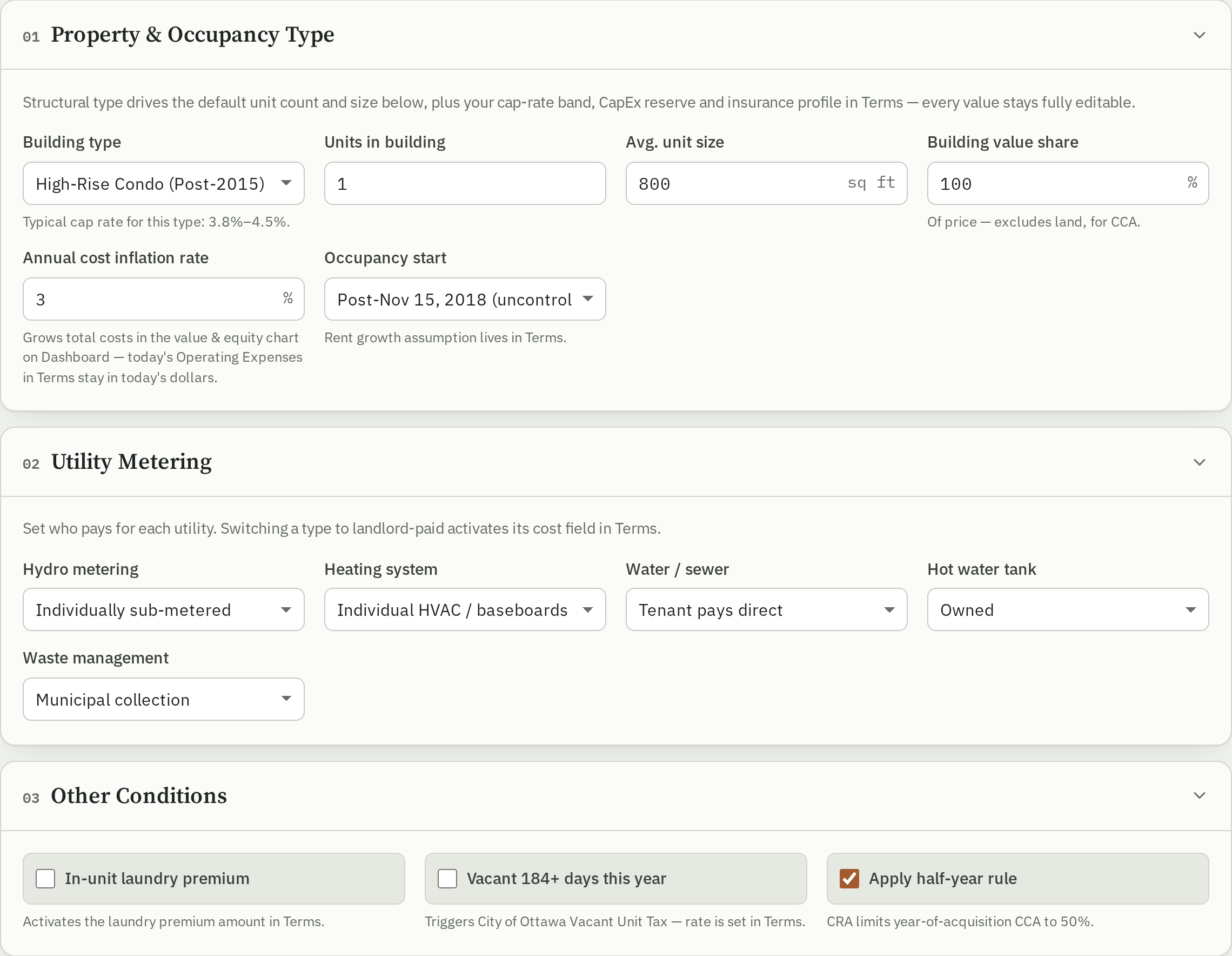The Conditions tab showing the Property & Occupancy Type, Utility Metering, and Other Conditions sections.