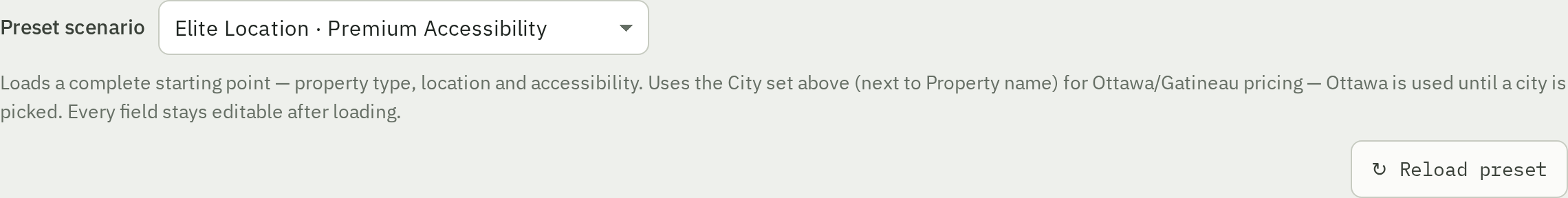 The Terms tab's preset scenario dropdown and reload preset button.